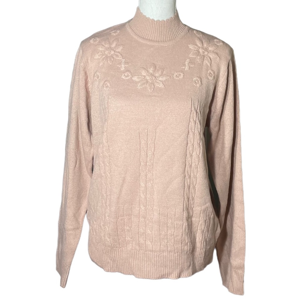 Cottagecore Embroidered Sweater M Vintage Acrylic Blush Pink Floral Mock Neck